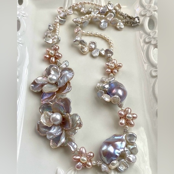 N290-Premium RARE Natural Blue Petal Pearl Blue Flameball Pearl Flower Necklace - Picture 5 of 16